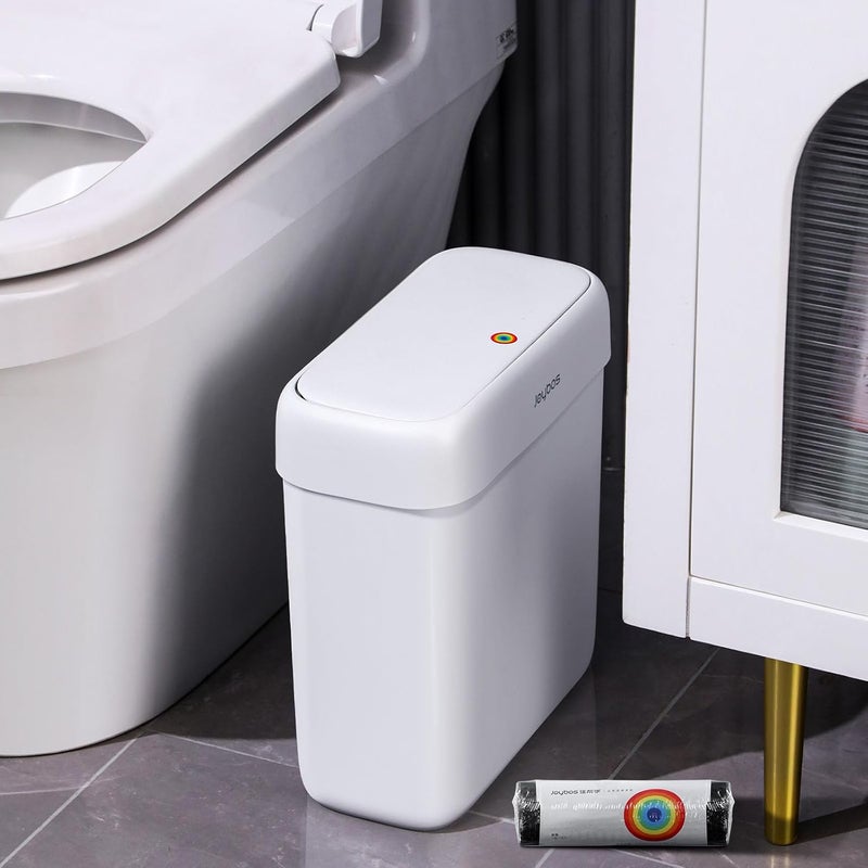 Joybos Bathroom Trash Can with Lid, 3 Gallon Small Garbage Can, 10L Dogproof Slim Plastic Narrow Trash Bin with Pop-up Lid for Toilet, Office, Bedroom, Living Room, White - Image 1